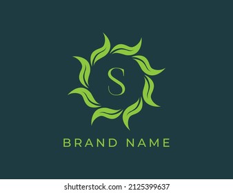 Elegant Leaf Circle Logo with Letter S. Vector logo template