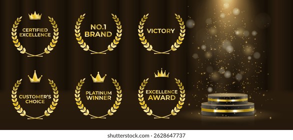 Elegant leaf crown glows on black premium background. Vector set includes multiple classic and modern wreath styles. Best seller label shines with ornate gold detailing. Festival emblem