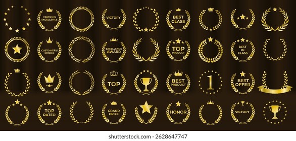 Elegant leaf crown glows on black premium background. Vector set includes multiple classic and modern wreath styles. Best seller label shines with ornate gold detailing. Festival emblem