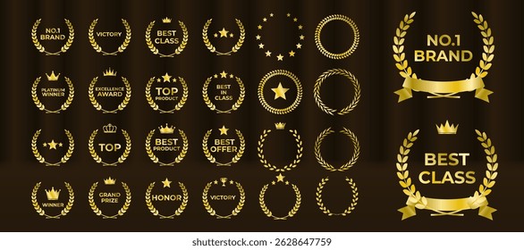 Elegant leaf crown glows on black premium background. Vector set includes multiple classic and modern wreath styles. Best seller label shines with ornate gold detailing. Festival emblem