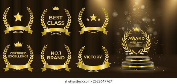 Elegant leaf crown glows on black premium background. Vector set includes multiple classic and modern wreath styles. Best seller label shines with ornate gold detailing. Festival emblem