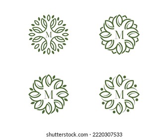 Elegant Leaf Flower with People Logo Bundle Set Concept symbol icon sign Element Design with initial Letter M. Natural Products, Health Care, Ecology, Spa, Hotel Logotype. Vector illustration template
