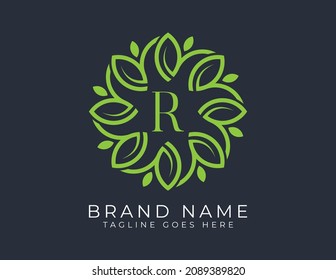 Elegant Leaf Flower symbol icon Logo vector design with Letter R. Vector logo Illustration template