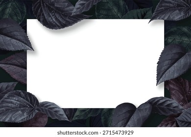 Elegant leaf frame with dark leaves surrounding a blank white rectangle. Leafy design with leaves in various shades. Perfect for invitations or announcements. Illustration frame vector.