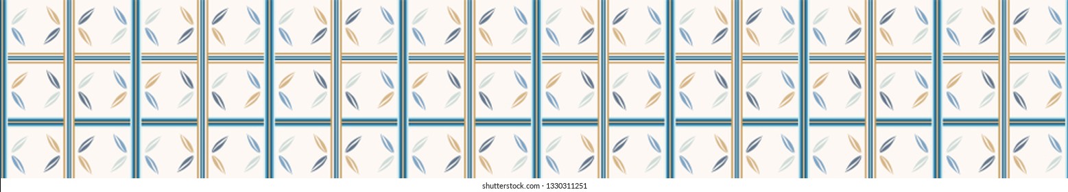 Elegant leaf motif stripes vector border pattern. Seamless repeating ribbon trim print. Hand drawn lines illustration. Traditional nature leaves. Simple timeless home decor in cream , teal green.