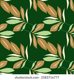 Elegant leafy seamless pattern on dark green background for textile design. Design for fabric, wrapping paper, fashion, interior, cover. Botanical vector illustration