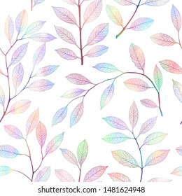 Elegant leaves branches pattern seamless background. Colorful gradient transparent skeleton leaf repeat design in Japanese style minimalist trendy autumn modern floral botanical art texture falling