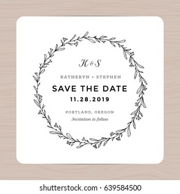 Elegant leaves floral wreath wedding invitation card template. Save the date card. Hand drawn flower wreath. Vector illustration.