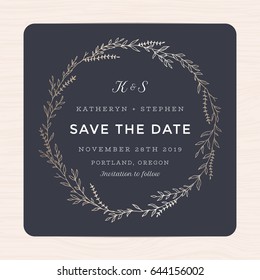 Elegant leaves floral wreath wedding invitation card template. Save the date card. Hand drawn flower wreath. Vector illustration.