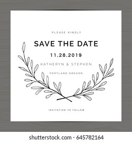 Elegant Leaves Floral Wreath Wedding Invitation Card Template. Save The Date Card. Hand Drawn Flower Wreath Laurel. Vector Illustration.