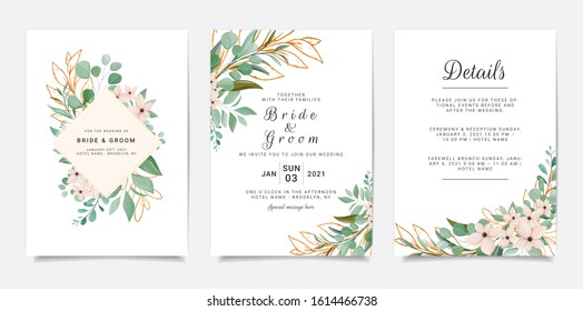 Elegant leaves with glitter wedding invitation card card template design. Minimalist greenery with outlined floral illustration on white background