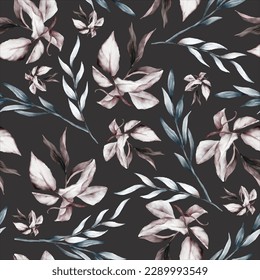 Elegant leaves painting watercolor floral seamless pattern