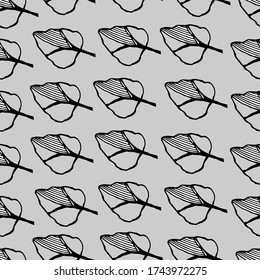 Elegant leaves pattern on a gray background. The leaves are drawn in black liner. Doodle elements
