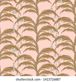 Elegant leaves seamless vector pattern. Palm leaf with gem drops pendants background. Pink and gold colors texture for wallpaper.