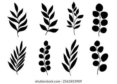 Elegant Leaves Silhouettes Set. Wild plants leaves black silhouettes isolated on white background