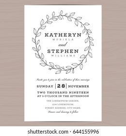 Elegant leaves wreath wedding invitation card template. Save the date card. Hand drawn leaf wreath. Vector illustration.