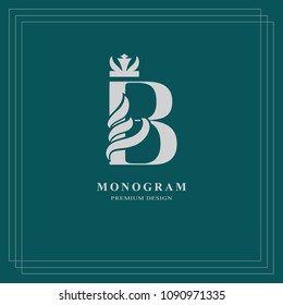 Elegant letter B with crown. Graceful royal style. Calligraphic beautiful logo. Vintage drawn emblem for book design, brand name, business card, Restaurant, Boutique, Hotel. Vector illustration