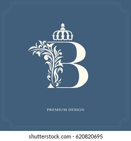 Elegant letter B with a crown. Graceful royal style. Calligraphic beautiful logo. Vintage drawn emblem for book design, brand name, business card, Restaurant, Boutique, Hotel. Vector illustration