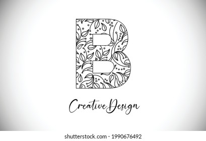 Elegant Letter B Logo made of Flowers with Leafs and Floral Pattern Texture in Monoline Creative Vector Illustration Design Logo