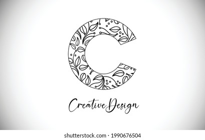 Elegant Letter C Logo made of Flowers with Leafs and Floral Pattern Texture in Monoline Creative Vector Illustration Design Logo