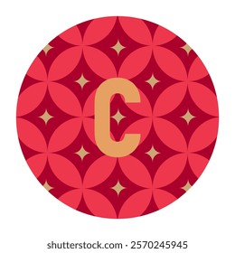 Elegant letter c monogram with golden accents and floral-inspired red geometric patterns, designed for artistic logos and decorative art