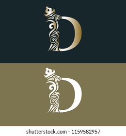 Elegant letter D with crown. Graceful royal style. Calligraphic beautiful gold logo. Vintage drawn emblem for book design, brand name, business card, Restaurant, Boutique, Hotel. Vector illustration