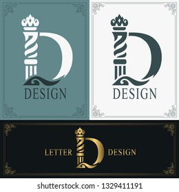 Elegant letter D. Graceful royal style. Calligraphic beautiful logo. Vintage drawn emblem for book design, brand name, business card, Restaurant, Boutique, Hotel. Vintage Border. Vector illustration