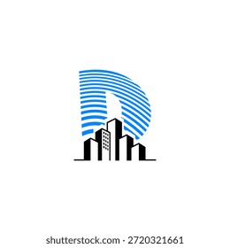 Elegante logotipo da letra D com um horizonte minimalista da cidade. Ícone vetor premium para hotel de luxo, propriedade da cobertura e identidade empresarial metropolitana