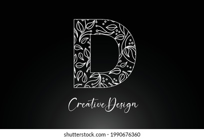 Elegant Letter D Logo made of Flowers with Leafs and Floral Pattern Texture in Monoline Creative Vector Illustration Design Logo