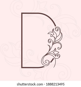 Elegant letter D. Thin line. Vintage pattern with flowers. Calligraphic Logo. Floral Drawn Emblem for Book Design, Brand Name, Business Card, Jewelry, Restaurant, Boutique. Vector illustration