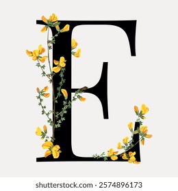 Elegant letter E adorned with yellow flowers. Floral E design with yellow blooms. Decorative E with flowers, perfect for elegant floral themes. Vintage illustration isolated on white, vector.