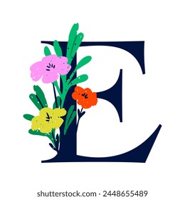 An elegant letter E decorated with flowers. The floral alphabet. Personalized poster. Print for the children's room. Vector illustration isolated on a white background.