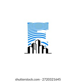 Elegante letra E logo com um horizonte minimalista da cidade. Ícone vetor premium para hotel de luxo, propriedade da cobertura e identidade empresarial metropolitana