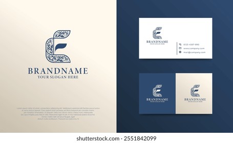 Elegant Letter E Logotype, This logo blends intricate floral patterns and a minimalist leaf, symbolizing elegance, growth, and sustainability in a timeless design.