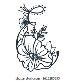 Elegant letter E. Vector hand drawn letter with in full bloom flower. Floral letter for your designs: logo, label, stamp, print, monograms, emblems.