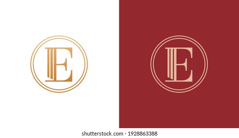 elegant  letter EF monogram with law pillars, unique classy letter E in circle border logo template for lawyer