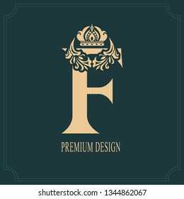 Elegant Letter F with a Crown. Graceful Royal Style. Calligraphic Beautiful Logo. Vintage Drawn Emblem for Book Design, Brand Name, Business Card, Restaurant, Boutique, Hotel. Vector illustration