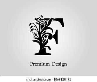 Elegant Letter F Floral Design. Vintage Calligraphic Alphabetical Icon for book design, brand name, stamp, Restaurant, Boutique, Notary, Hotel.  