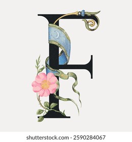 Elegant letter 'F' with floral design. The letter 'F' features a pink flower and green leaves. Decorative 'F' with intricate floral elements. Vintage font illustration, isolated vector.