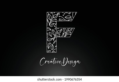 Elegant Letter F Logo made of Flowers with Leafs and Floral Pattern Texture in Monoline Creative Vector Illustration Design Logo