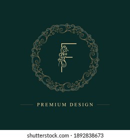 Elegant letter F. Thin line. Vintage pattern with flowers. Calligraphic Logo. Round Floral Drawn Emblem for Book Design, Brand Name, Business Card, Jewelry, Restaurant, Boutique. Vector illustration