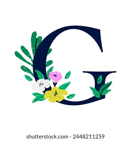 An elegant letter G decorated with flowers. The floral alphabet. Personalized poster. Print for the children's room. Vector illustration isolated on a white background.