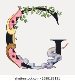 Elegant letter G design with floral elements. Decorative G with leaves and ornate details. Artistic G, combining nature and art in a unique style. Vintage font illustration, isolated vector.