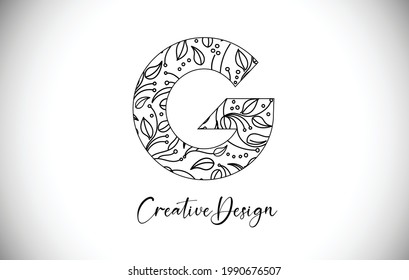 Elegant Letter G Logo made of Flowers with Leafs and Floral Pattern Texture in Monoline Creative Vector Illustration Design Logo