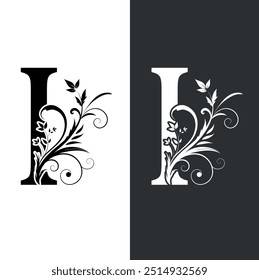 Elegante letra I. nombre de la marca, tarjeta de visita, restaurante, boutique, hotel. Ilustración vectorial. Emblema dibujado floral de Antiguas para el diseño del libro, logotipo hermoso caligráfico. Estilo real.