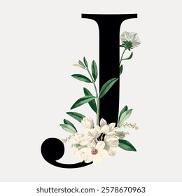 Elegant letter 'J' adorned with white flowers and green leaves. Floral 'J' design combines nature and typography. Perfect for botanical themes. Vintage floral font vector.