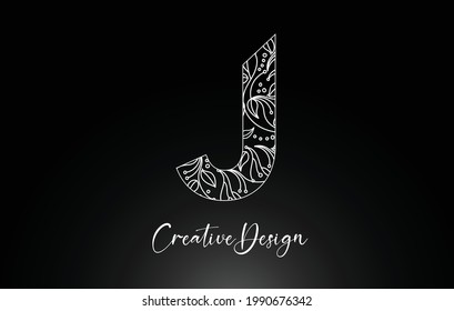 Elegant Letter J Logo made of Flowers with Leafs and Floral Pattern Texture in Monoline Creative Vector Illustration Design Logo