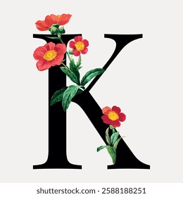 Elegant letter 'K' adorned with vibrant red flowers and lush green leaves. Floral design enhances the letter 'K', adding beauty and nature-inspired charm. Vintage font illustration, isolated vector.