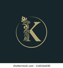 Elegant letter K with crown. Graceful royal style. Calligraphic beautiful round logo. Vintage drawn emblem for book design, brand name, business card, Restaurant, Boutique, Hotel. Vector illustration