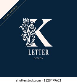 Elegant letter K. Graceful royal style. Calligraphic beautiful logo. Vintage drawn emblem for book design, brand name, business card, Restaurant, Boutique, Hotel. Vector illustration